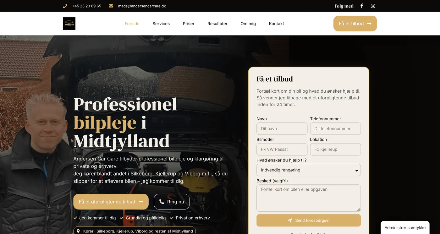 Skærmbillede af hjemmesiden for Andersen CarCare
