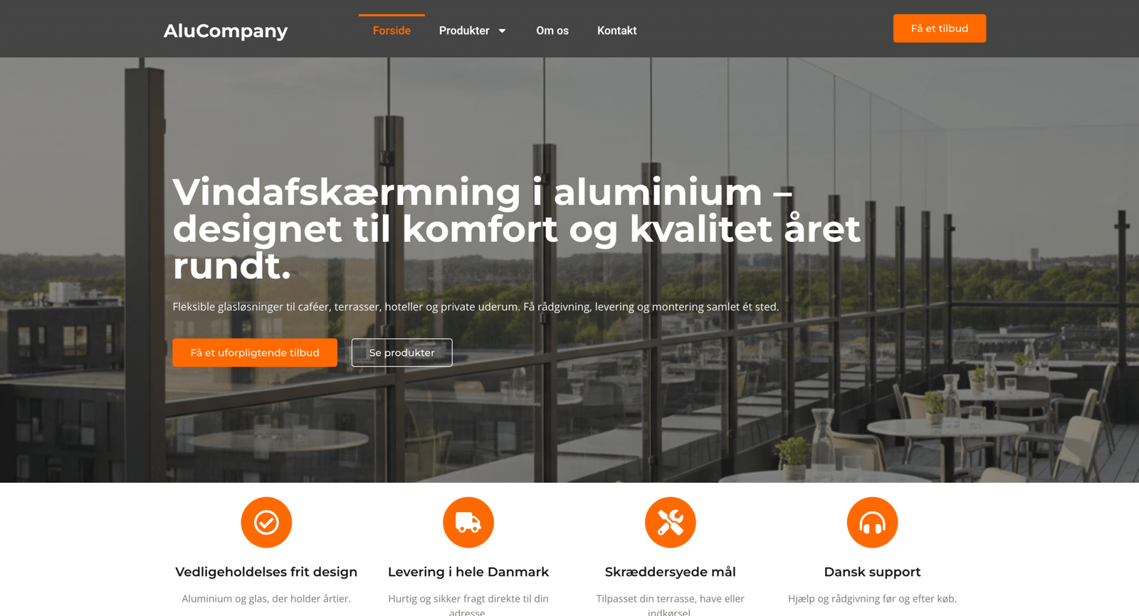 Eksempel på PagePros kundecase for AluCompany – WordPress-hjemmeside til producent af glas- og aluminiumsløsninger.