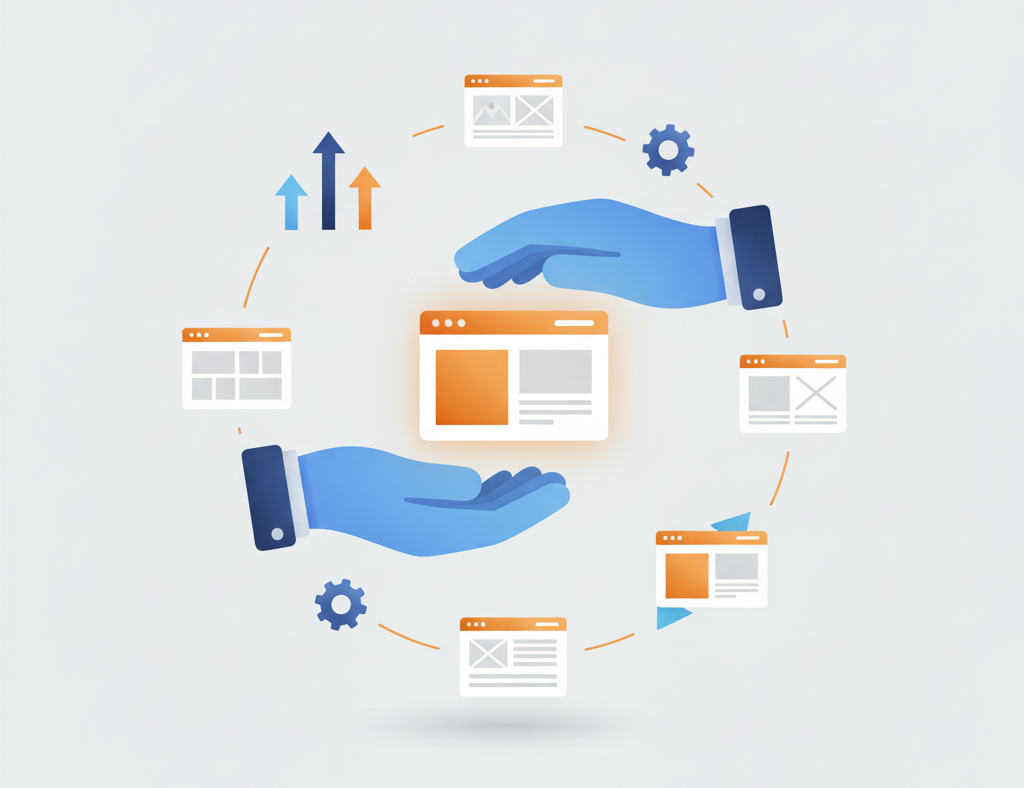 Illustration af hænder der beskytter og arbejder med hjemmesider – symbol på PagePros webdesign, SEO og WordPress serviceaftaler med fokus på support og vedligeholdelse