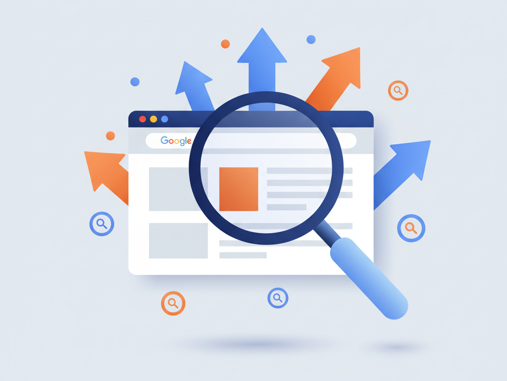 Illustration af forstørrelsesglas over en Google-side – symbol på SEO optimering, søgeordsanalyse og bedre synlighed på Google med PagePro