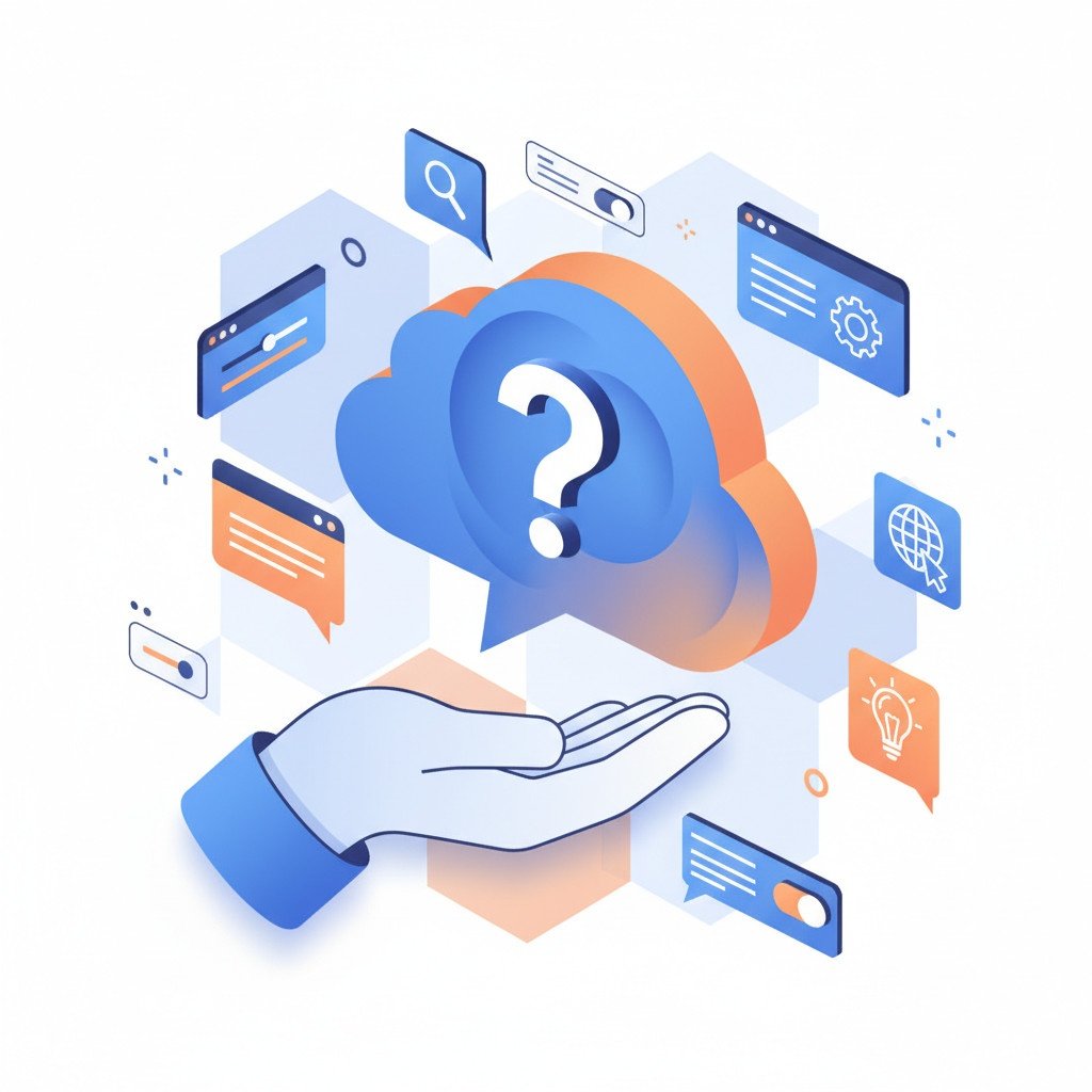 Moderne illustration med hånd, spørgsmålstegn og digitale ikoner, der symboliserer FAQ og support inden for webdesign.