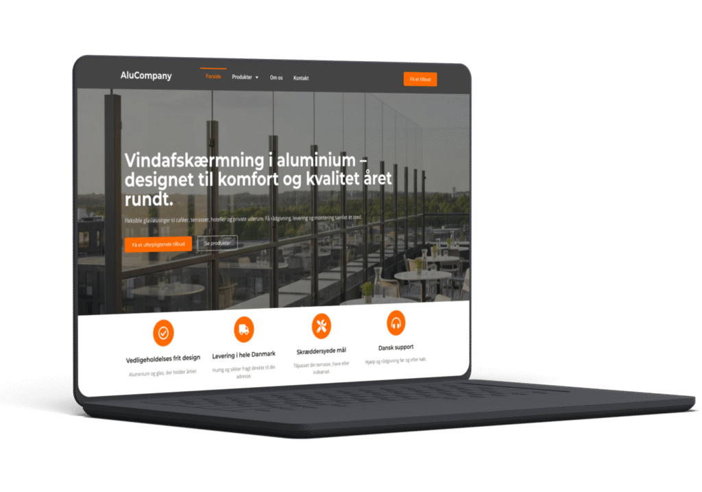 Mockup af AluCompanys nye WordPress-hjemmeside, designet af PagePro. Moderne webdesign med fokus på kvalitet, glasvindafskærmning og aluminiumsløsninger til caféer og hoteller i Danmark.