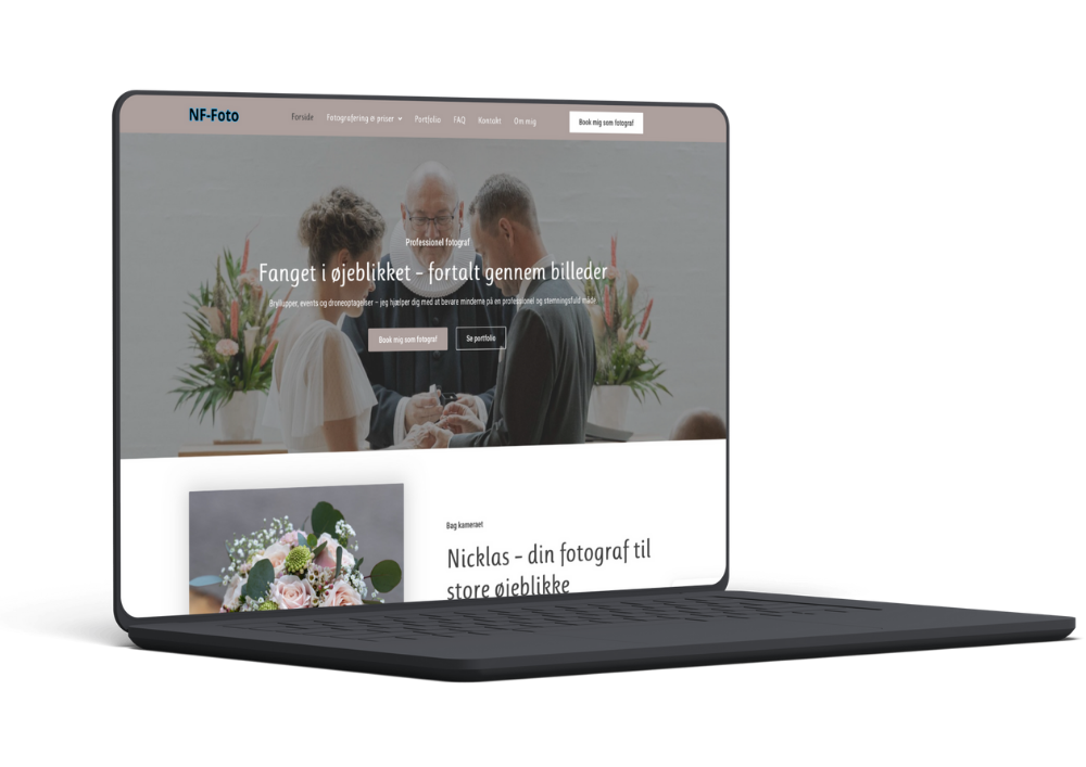 Modern WordPress-hjemmeside designet til NF-Foto – professionel fotograf på Sjælland med fokus på bryllupsfotografi, dåb og portrætter.