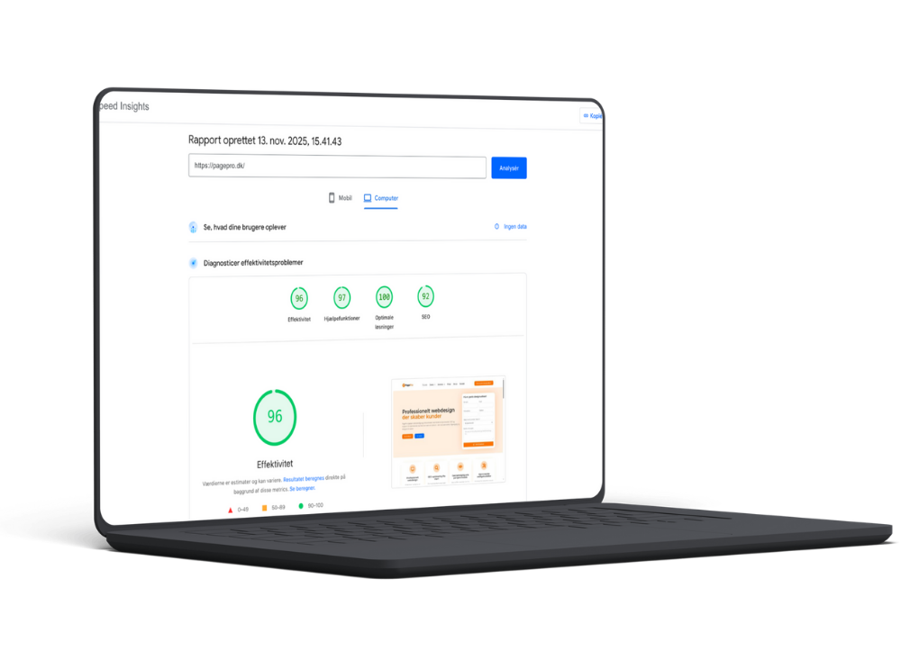Mockup af PagePros gratis hjemmesideanalyse med Google PageSpeed-rapport, der viser performance og SEO-scores.