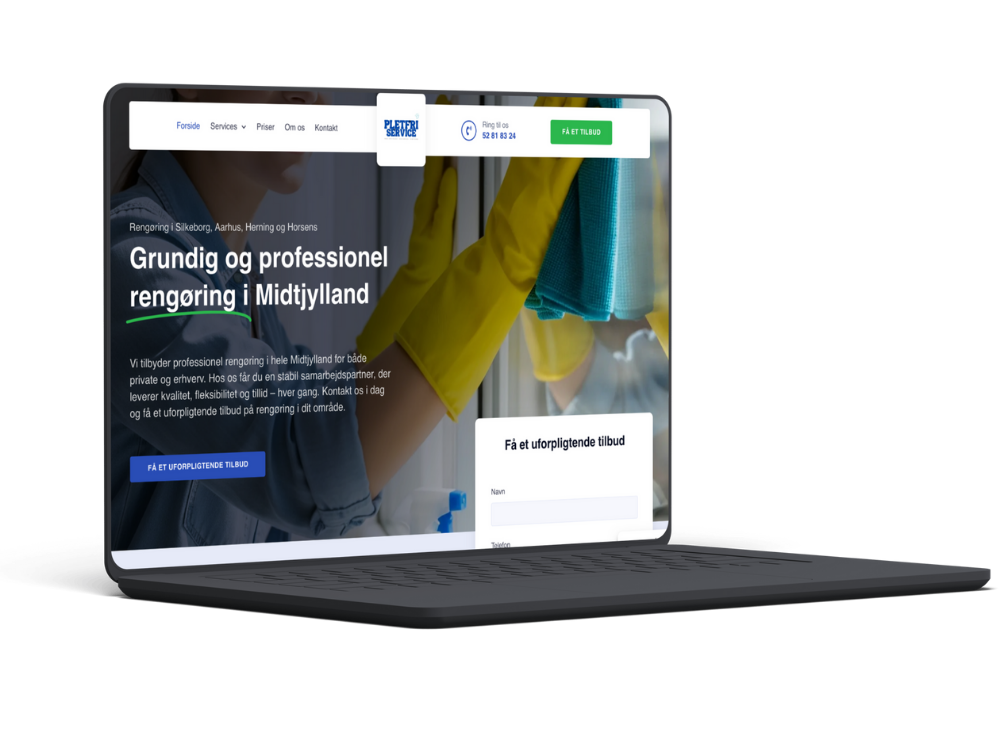 Mockup af Pletfri Service’s nye WordPress-hjemmeside udviklet af PagePro, med fokus på professionel rengøring i Midtjylland.