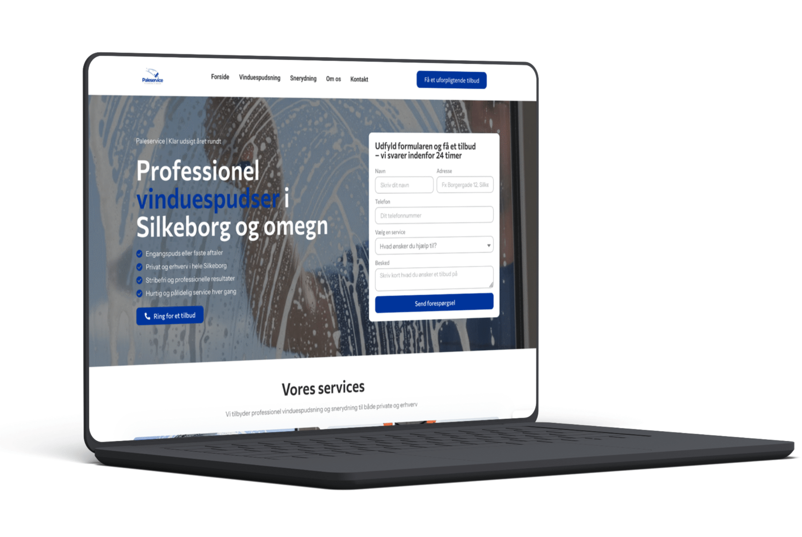 Mockup af Paleservice’s professionelle hjemmeside designet af PagePro – vinduespudsning og servicefirma i Silkeborg.
