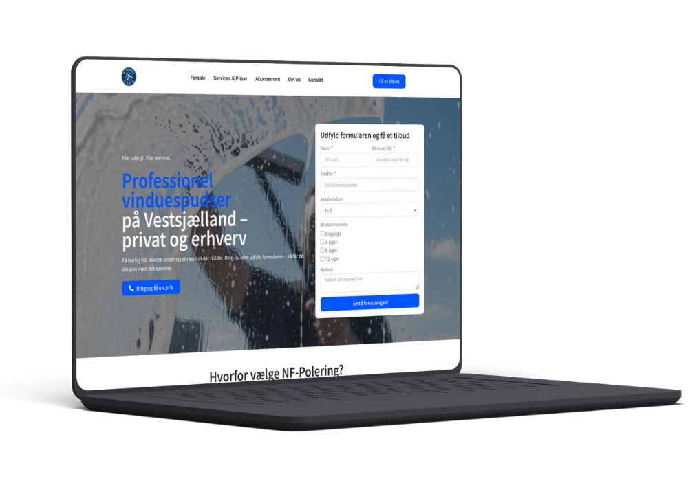 Mockup af NF-Polerings nye hjemmeside – professionel vinduespudsning på Vestsjælland med nem kontaktformular.