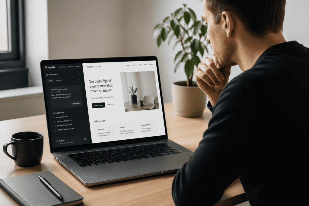 Person sidder ved laptop og bygger hjemmeside med AI i et minimalistisk arbejdsmiljø. Fokus på struktur, design og brugeroplevelse.