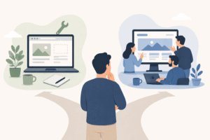 Illustration af valg mellem at lave hjemmeside selv eller bruge et webbureau til virksomhed