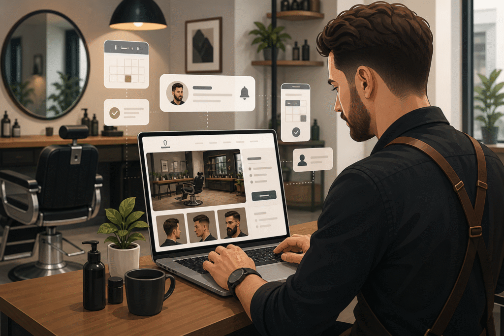 Illustration af herrefrisør der arbejder med hjemmeside og online booking i moderne frisørsalon.