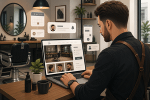 Illustration af herrefrisør der arbejder med hjemmeside og online booking i moderne frisørsalon.