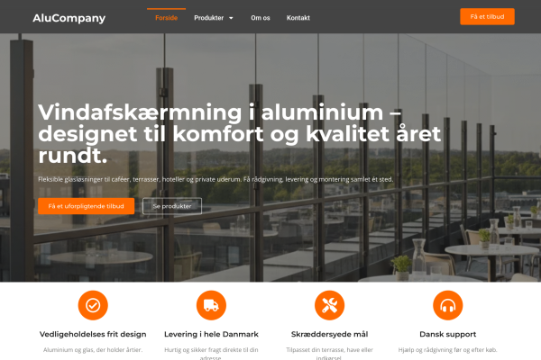 Eksempel på PagePros kundecase for AluCompany – WordPress-hjemmeside til producent af glas- og aluminiums­løsninger.