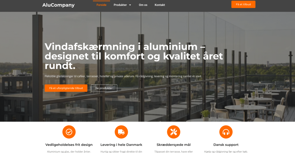 Eksempel på PagePros kundecase for AluCompany – WordPress-hjemmeside til producent af glas- og aluminiums­løsninger.