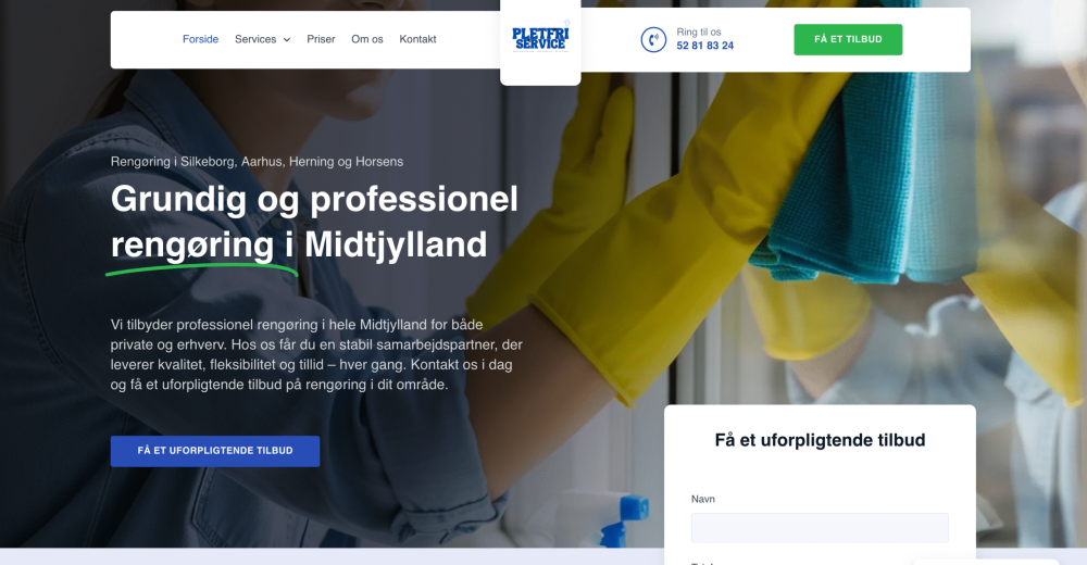 Eksempel på PagePros kundecase for Pletfri Service – moderne WordPress-hjemmeside til professionelt rengøringsfirma.