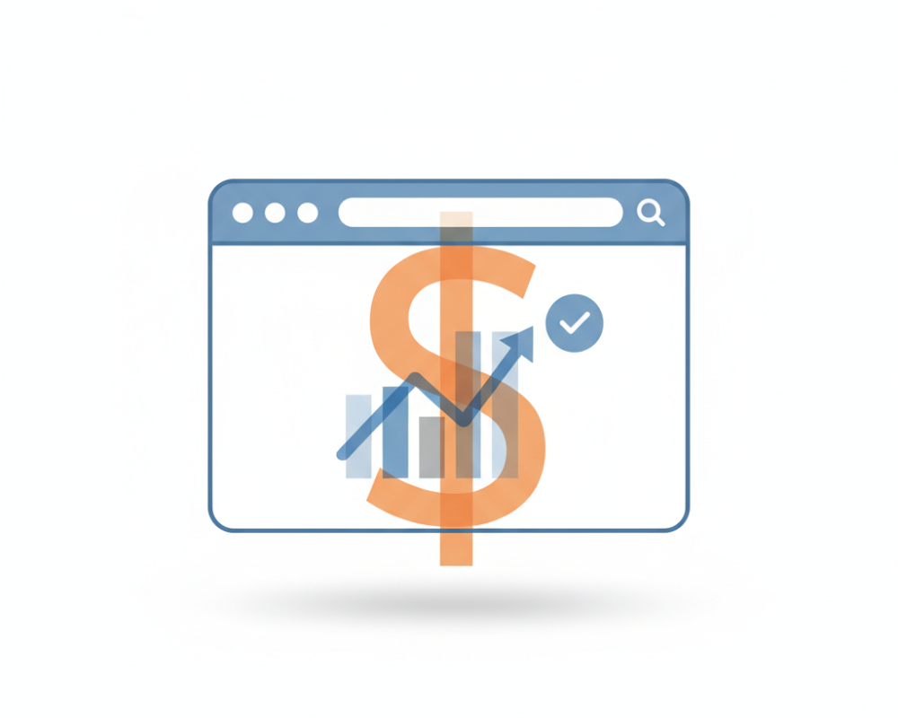 Illustration af en hjemmeside-browser kombineret med et pengesymbol – symboliserer hjemmeside pris og gennemsigtige løsninger fra PagePro